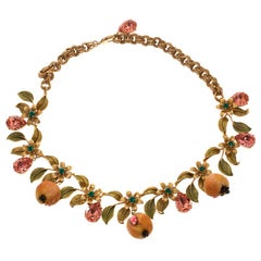 Dolce and Gabbana Fruit Floral Crystal Gold Tone Statement Necklace