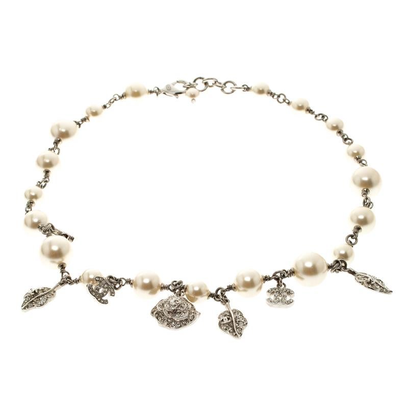 Chanel CC Crystal Faux Pearl Silver Tone Necklace