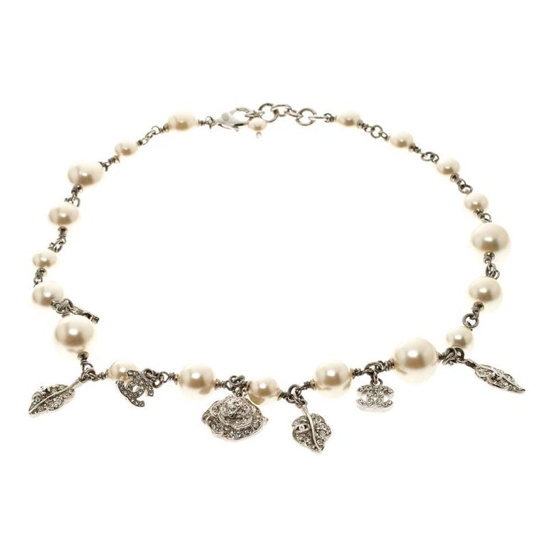 Chanel CC Crystal Faux Pearl Silver Tone Necklace at 1stDibs