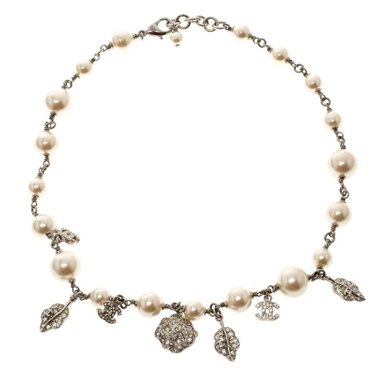 Chanel CC Crystal Faux Pearl Silver Tone Necklace at 1stDibs