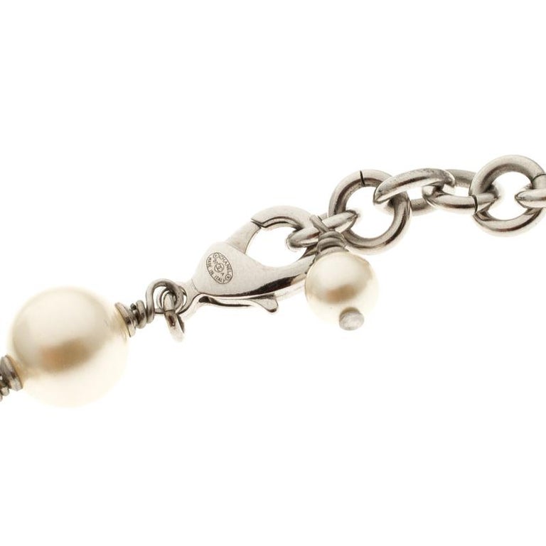 Chanel CC Crystal Faux Pearl Silver Tone Necklace at 1stDibs