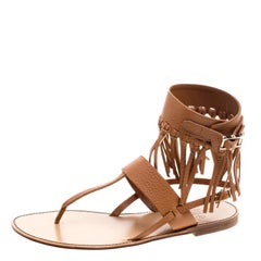 Valentino Brown Leather Fringe Detail Ankle Wrap Flat Sandals Size 37.5