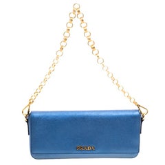 Prada Metallic Blue Saffiano Lux Leather Chain Shoulder Bag