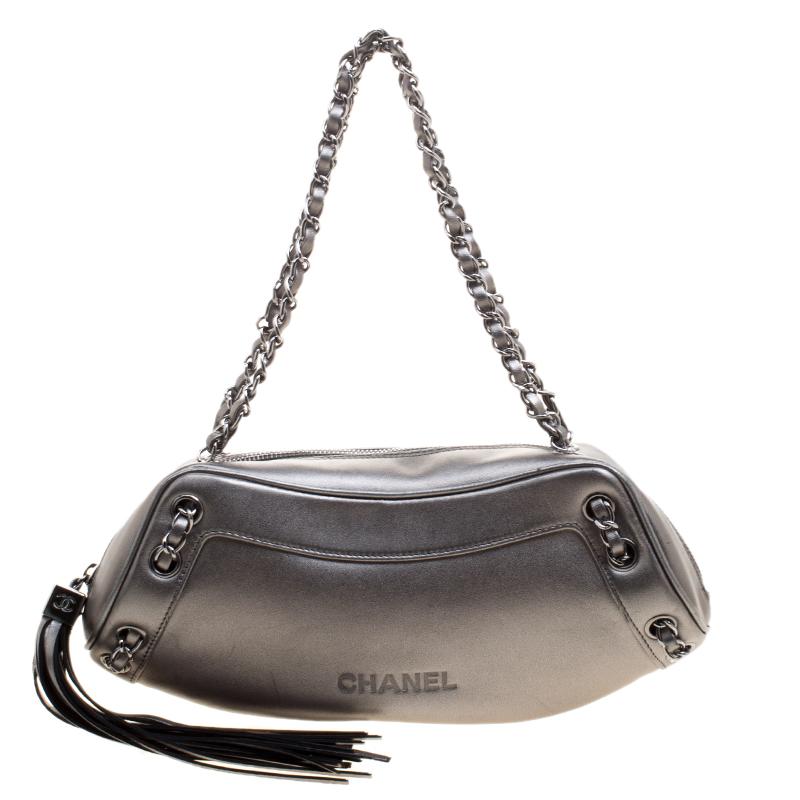 Chanel Metallic Grey Leather Tassel Evening Bag