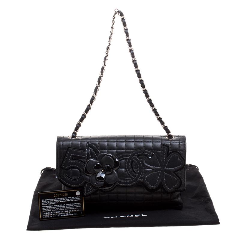 Chanel Black Square Quilted Leather Camellia No.5 Shoulder Bag 5