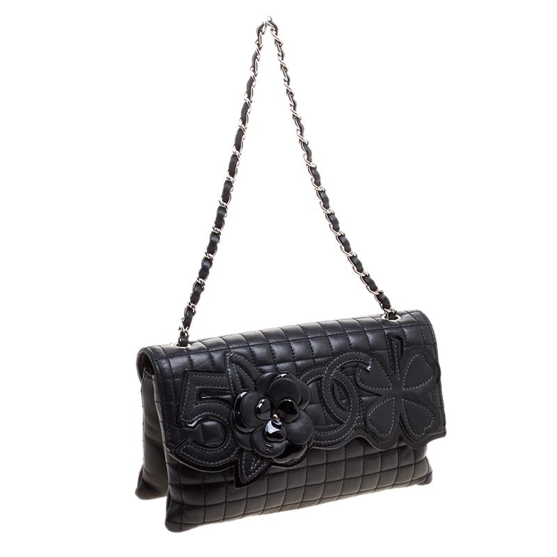 Chanel Black Square Quilted Leather Camellia No.5 Shoulder Bag 8