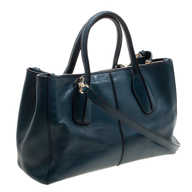 Tod's Blue Green Leather D-Styling Shopper Tote In Good Condition In Dubai, Al Qouz 2