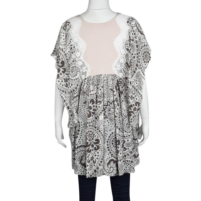 Gray Chloe Off White Printed Silk Lace Insert Ruffled Kaftan Top L