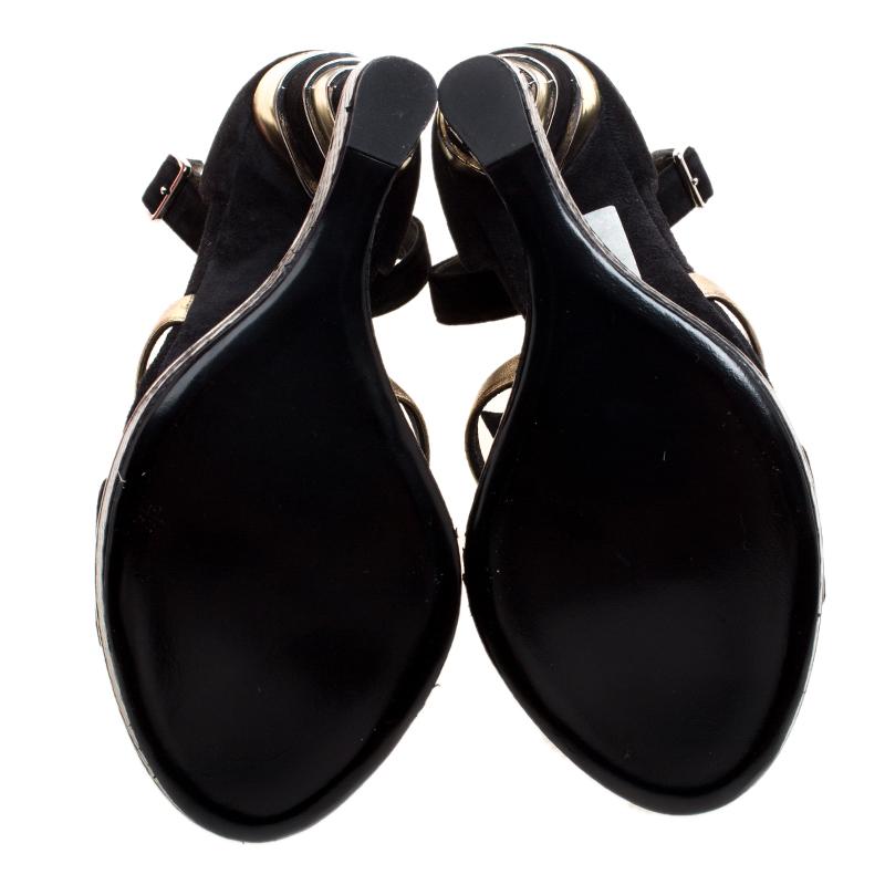 Women's Salvatore Ferragamo Black Suede and Gold Leather Lexus Platform Sandals Size 39.