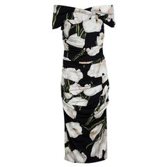 Dolce and Gabbana Black Tulip Print Ruched Silk Off Shoulder Midi Dress M