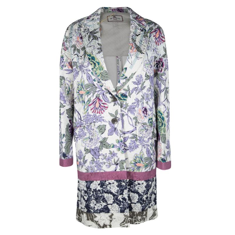 Etro Multicolor Floral Printed Textured Cotton Blend Overcoat M