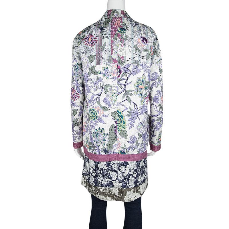 Gray Etro Multicolor Floral Printed Textured Cotton Blend Overcoat M