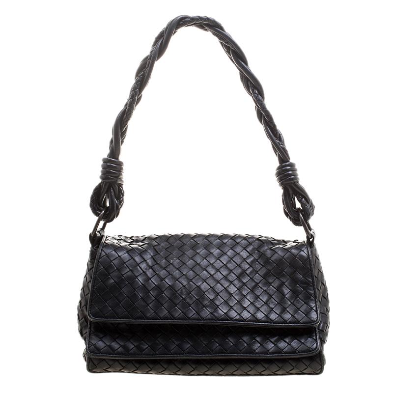 Bottega Veneta Black Intrecciato Leather Braided Handle Flap Shoulder Bag