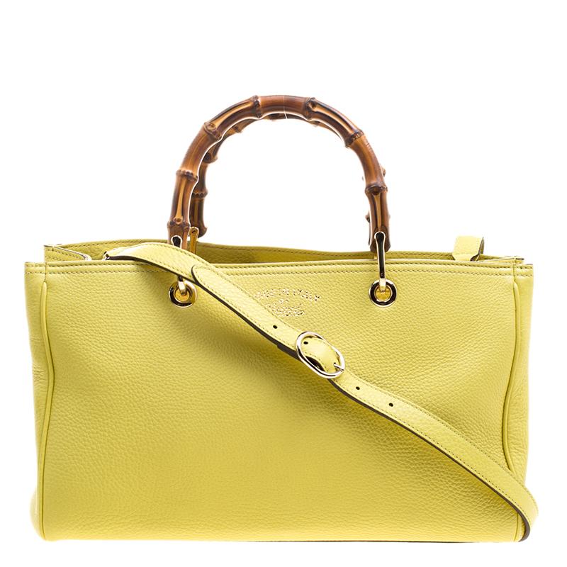 Gucci Yellow Leather Bamboo Top Handle Shopper Tote