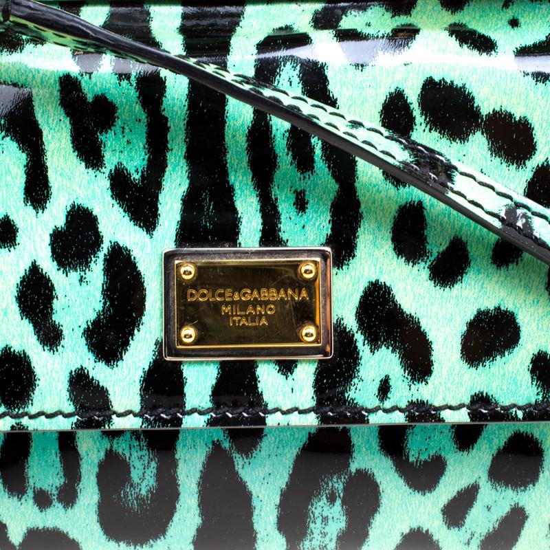 Dolce and Gabbana Green Leopard Print Patent Leather Small Miss Sicily Tote with In Good Condition In Dubai, Al Qouz 2