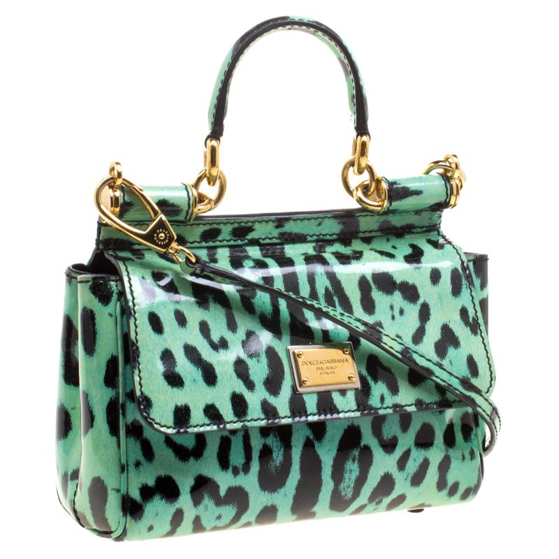 Dolce and Gabbana Green Leopard Print Patent Leather Small Miss Sicily Tote with 1