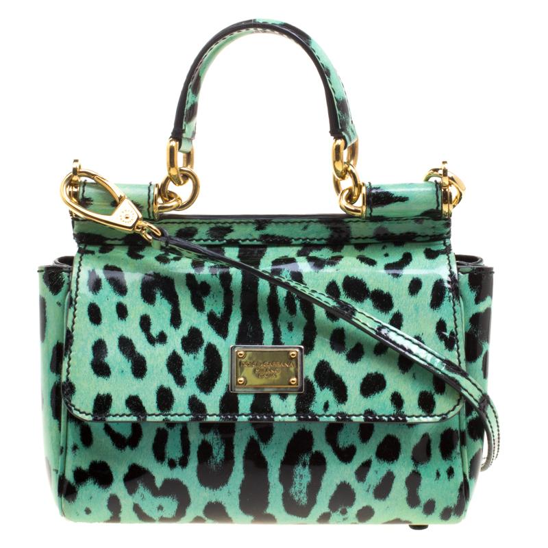 Dolce and Gabbana Green Leopard Print Patent Leather Small Miss Sicily Tote with
