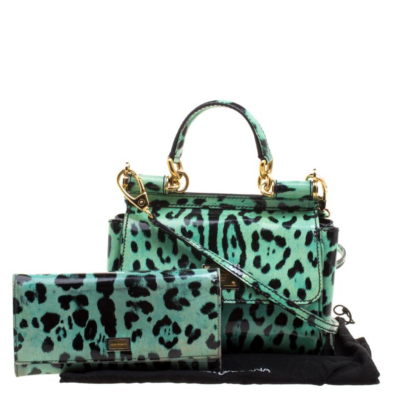 Dolce and Gabbana Green Leopard Print Patent Leather Small Miss Sicily Tote with 2
