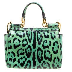 Dolce and Gabbana Green Leopard Print Patent Leather Small Miss Sicily Tote with