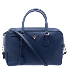 Prada Blue Saffiano Lux Leather Top Handle Bowling Bag
