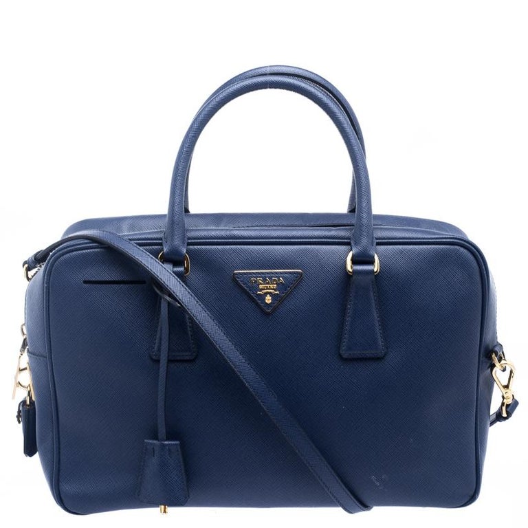 Prada Blue Saffiano Lux Leather Top Handle Bowling Bag at 1stDibs