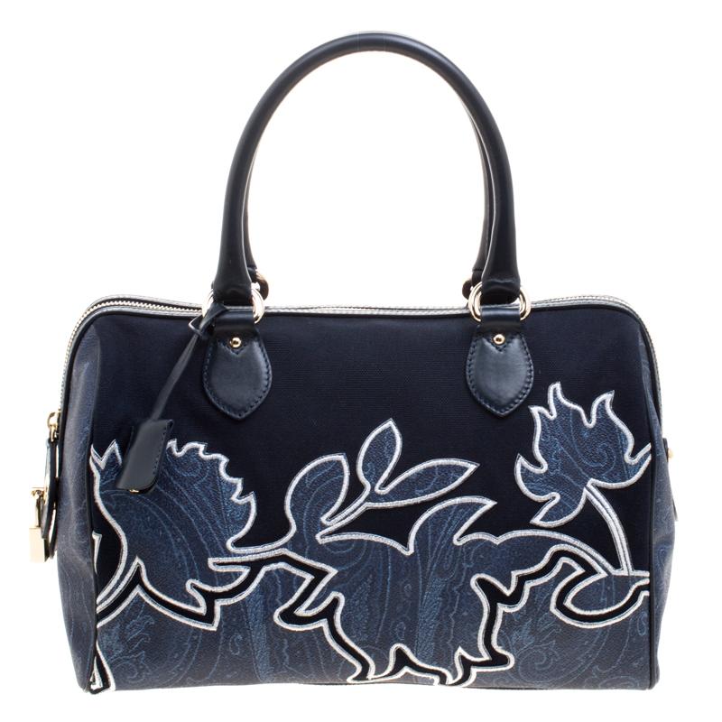 Etro Navy Blue Paisley Embroidered Coated Canvas Satchel