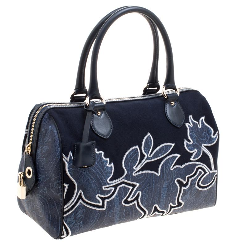 Etro Navy Blue Paisley Embroidered Coated Canvas Satchel 1