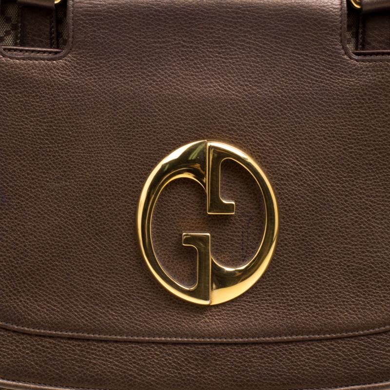 Gucci Beige/Metallic Dark Beige Canvas and Leather Medium 1973 Top Handle Bag 5