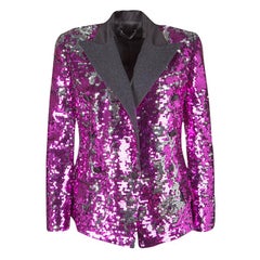 Dolce and Gabbana Fuscia Pink Sequin Paillette Embellished Velvet Trim Blazer S