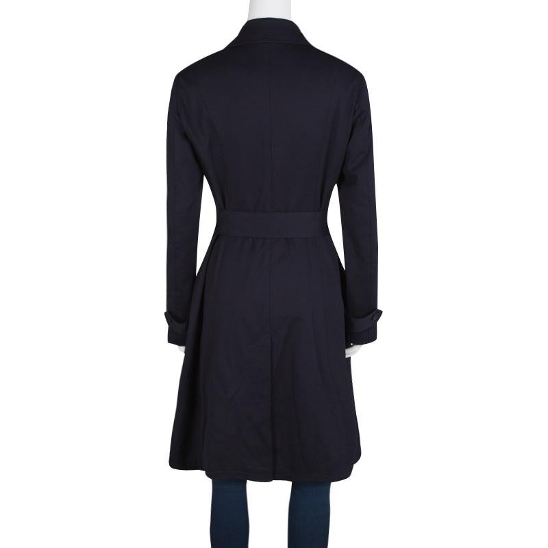 Black Max Mara Studio Navy Blue Jersey Belted Double Breasted Trench Coat M