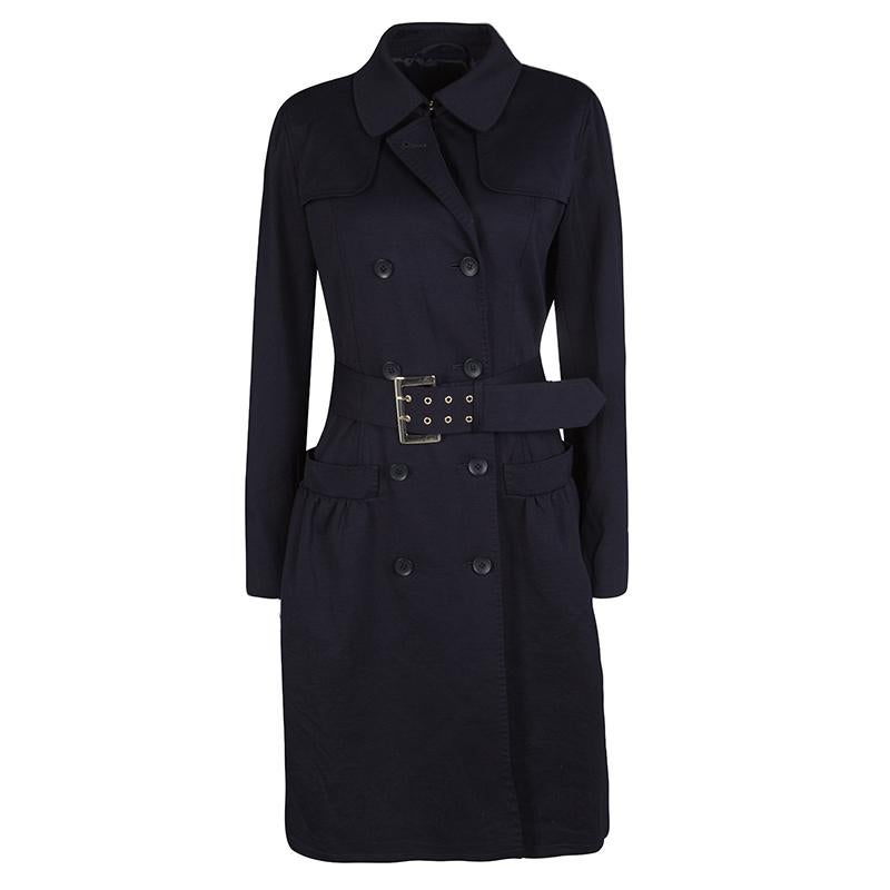 Max Mara Studio Navy Blue Jersey Belted Double Breasted Trench Coat M