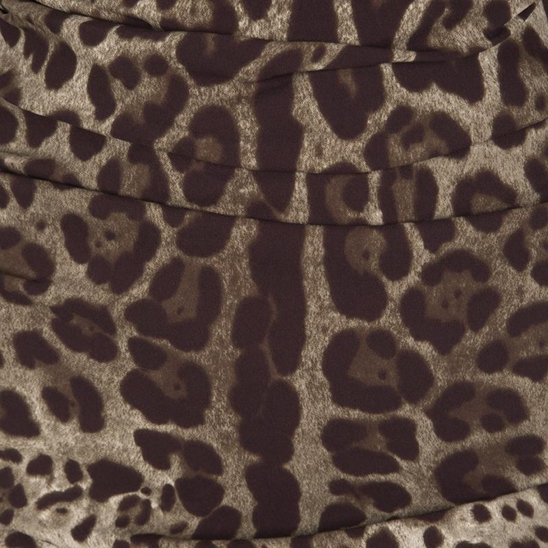 Women's Dolce and Gabbana Animal Print Ruched Silk Long Sleeve Dress M