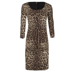 Dolce and Gabbana Animal Print Ruched Silk Long Sleeve Dress M