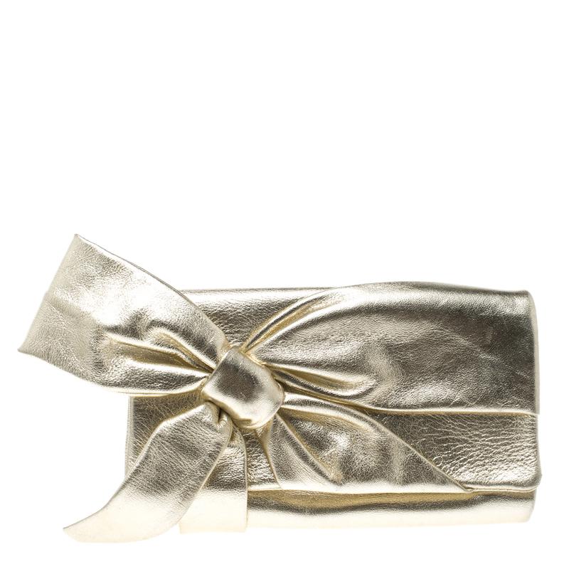 Valentino Metallic Gold Leather Bow Clutch