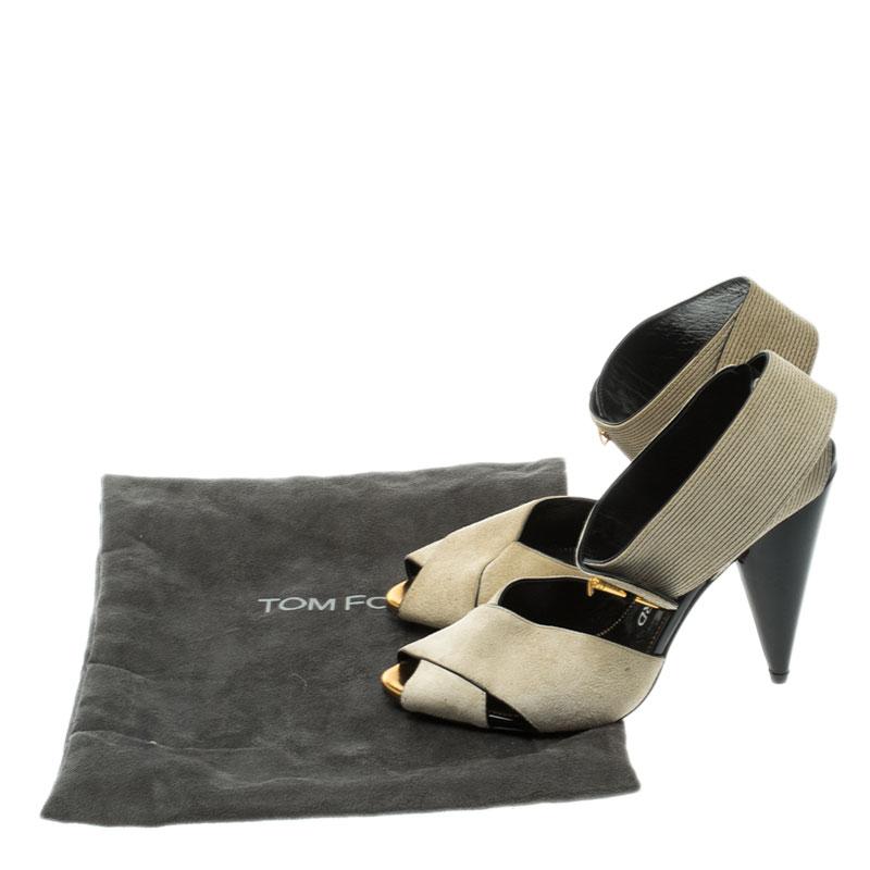 Tom Ford Beige Suede Cross Ankle Wrap Peep Toe Sandals Size 37 4