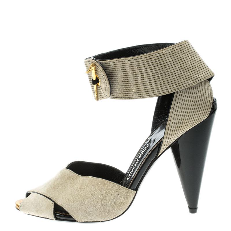 Tom Ford Beige Suede Cross Ankle Wrap Peep Toe Sandals Size 37 3