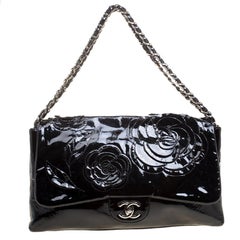 Chanel Black Patent Leather Camellia Flap Shoulder Bag