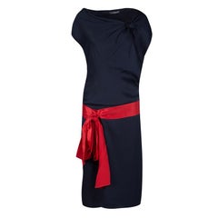 Alexander McQueen Navy Blue Silk Draped Contrast Tie Detail Sleeveless Dress M