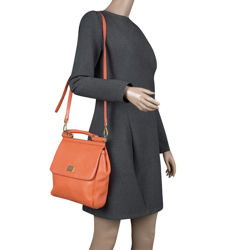 Dolce and Gabbana Orange Leather Medium Miss Sicily Top Handle Bag In Good Condition In Dubai, Al Qouz 2