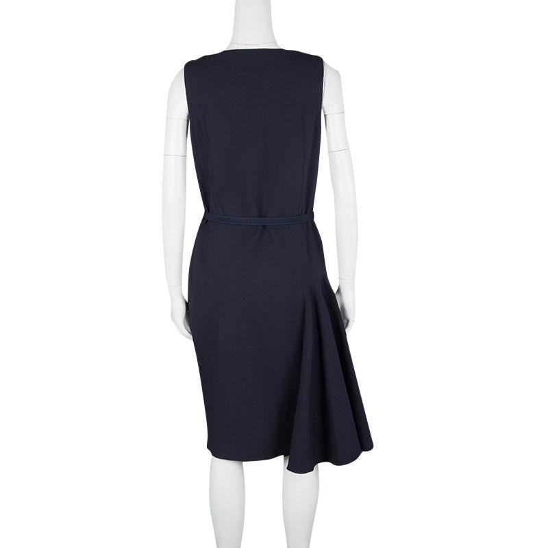 Black Dior Navy Blue Textured Sleeveless Belted Dress M