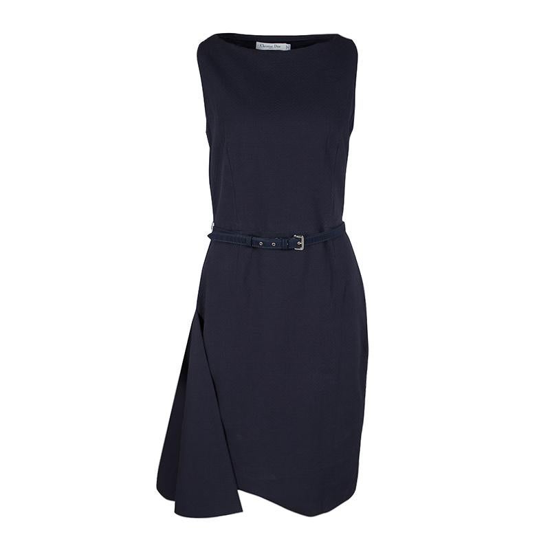 Dior Navy Blue Textured Sleeveless Belted Dress M