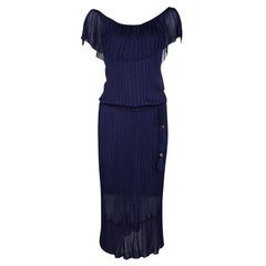 Gucci Navy Blue Perforated Rib Knit Ruffle Detail Belted Maxi Dress M