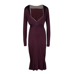 Alexander McQueen Burgundy Rib Knit Dotted Trim Long Sleeve Dress L