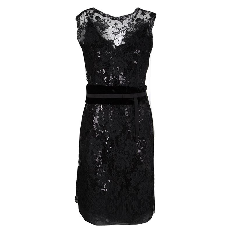 Dolce and Gabbana Black Sequined Floral Lace Sleeveless Dress M