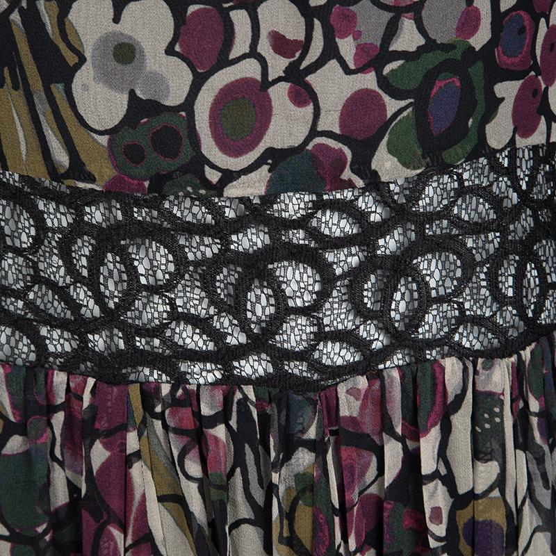 Elie Saab Floral Printed Silk Lace Insert Long Sleeve Maxi Dress M In Good Condition In Dubai, Al Qouz 2
