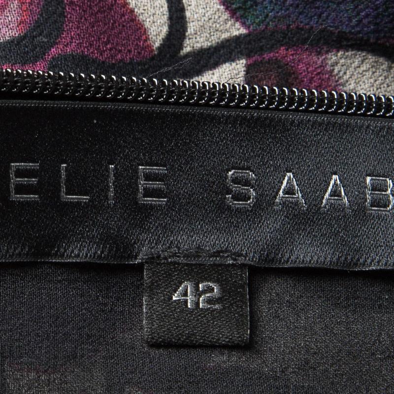 Women's Elie Saab Floral Printed Silk Lace Insert Long Sleeve Maxi Dress M