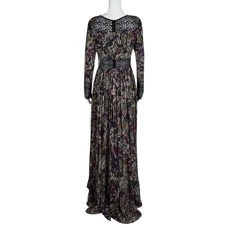 Black Elie Saab Floral Printed Silk Lace Insert Long Sleeve Maxi Dress M
