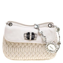 Miu Miu White Matelassé Leather Crystal Flap Shoulder Bag