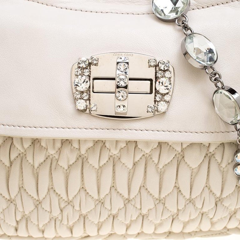 Miu Miu White Matelassé Leather Crystal Flap Shoulder Bag at 1stDibs