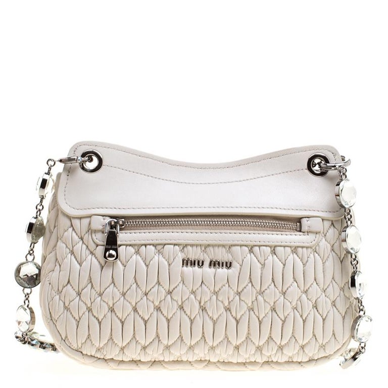 Miu Miu White Matelassé Leather Crystal Flap Shoulder Bag at 1stDibs